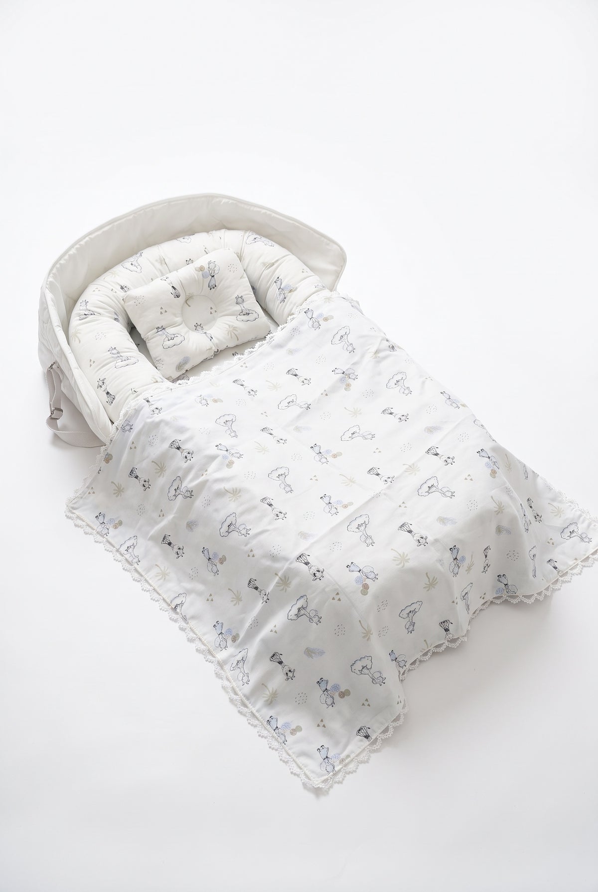Pudra mavi çantalı babynest tam set, babynest ve bebek battaniyesi