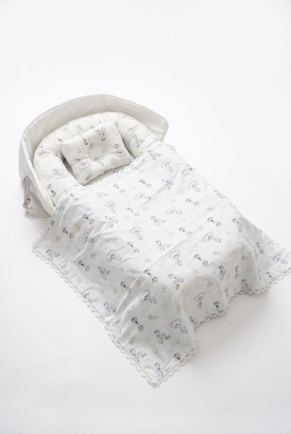 Pudra mavi çantalı babynest tam set, babynest ve bebek battaniyesi